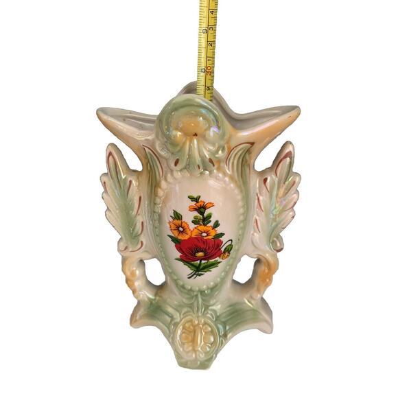 Lusterware Footed Vase 1749 Pearlescent Made in Brazil 8” Tall Vintage Flowers - Picture 6 of 10